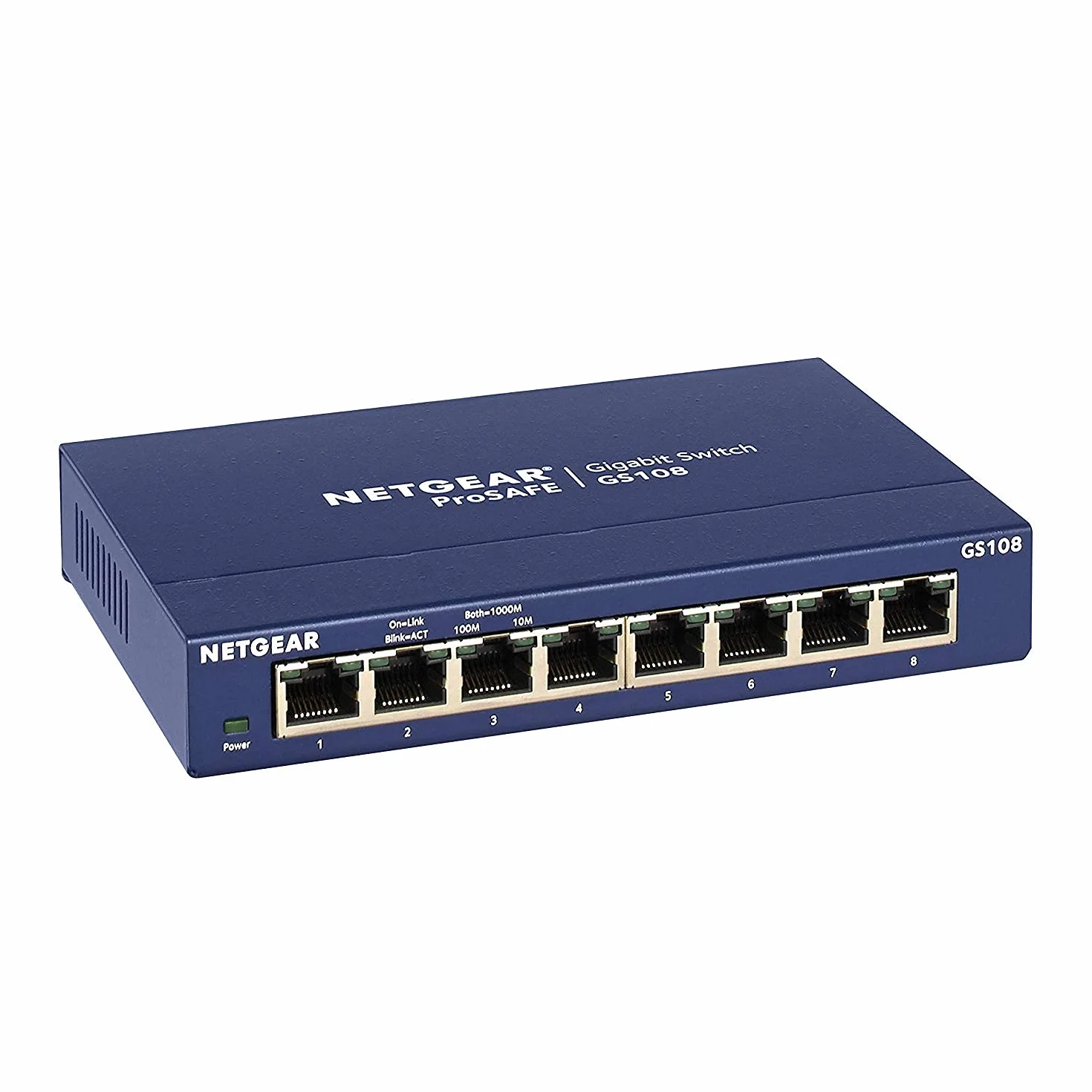 NETGEAR Przełącznik sieciowy GS108GE 8-portowy (gigabitowy Plug-and-Play, LAN, koncentrator Ethernet, metalowa obudowa bez wentylatora, ProSAFE), niebieski