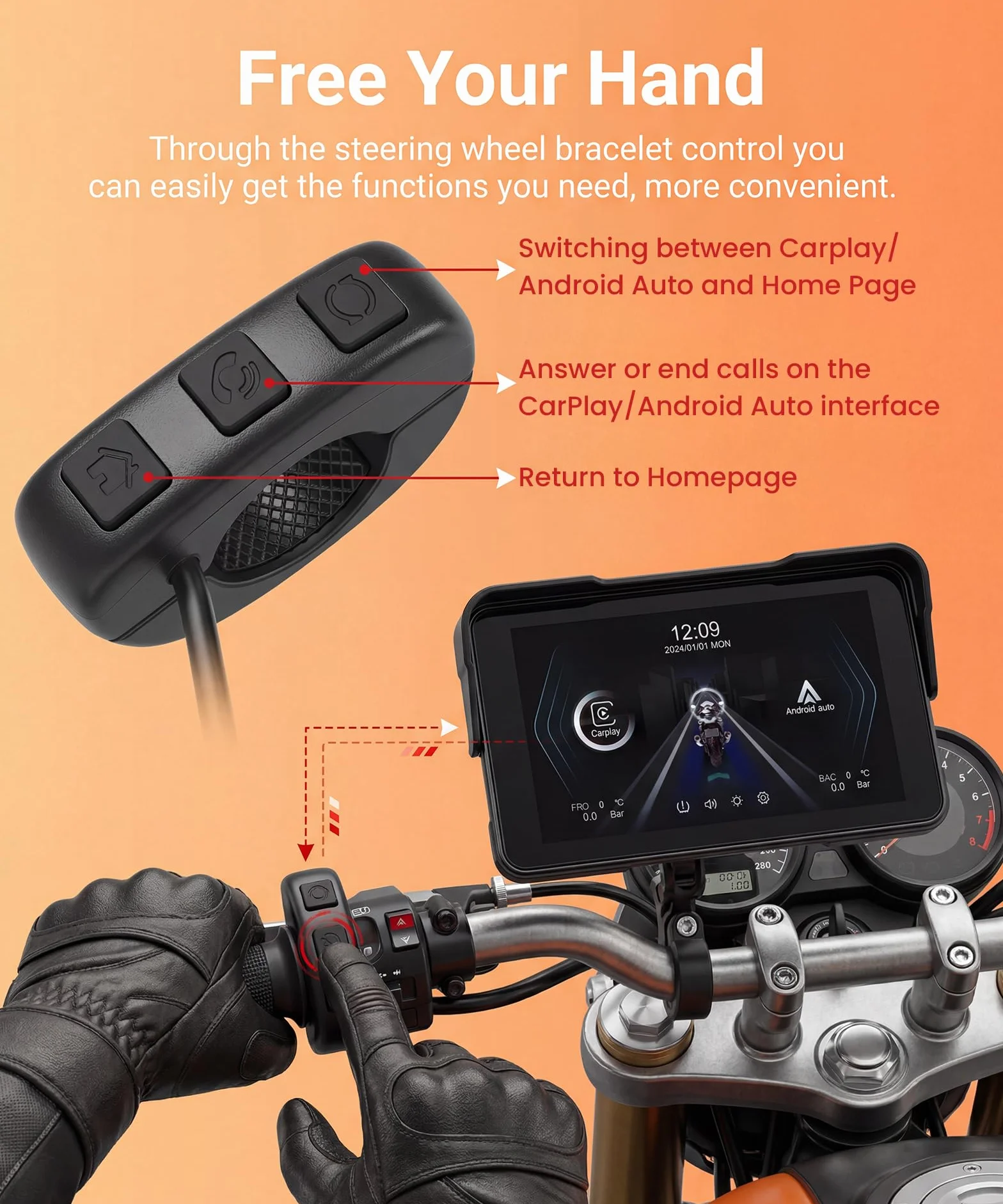 Rimoody Motocyklowy wyświetlacz CarPlay 5" z kontrolerem kierownicy, zdejmowany stojak, bezprzewodowy wyświetlacz CarPlay i Android Auto do motocykli, bezprzewodowe radio samochodowe CarPlay