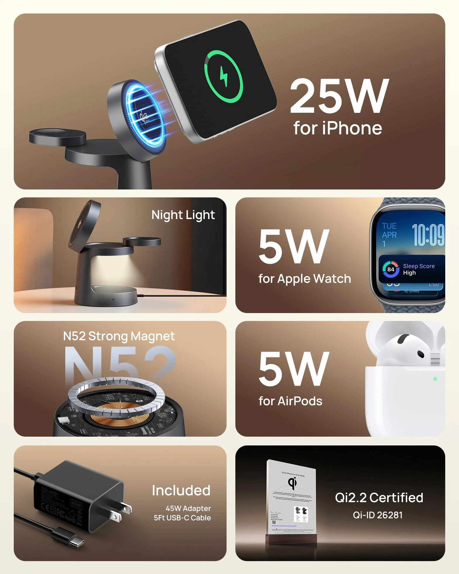 SODI UltraCharge Stacja Ładowania 3 w 1 z Qi2.2, Magnetyczna Ładowarka Bezprzewodowa 25W z Lampką Nocną do Phone 17/16/15/14/13/12, Smartwatch i Słuchawek (Zasilacz 45W w Zestawie)