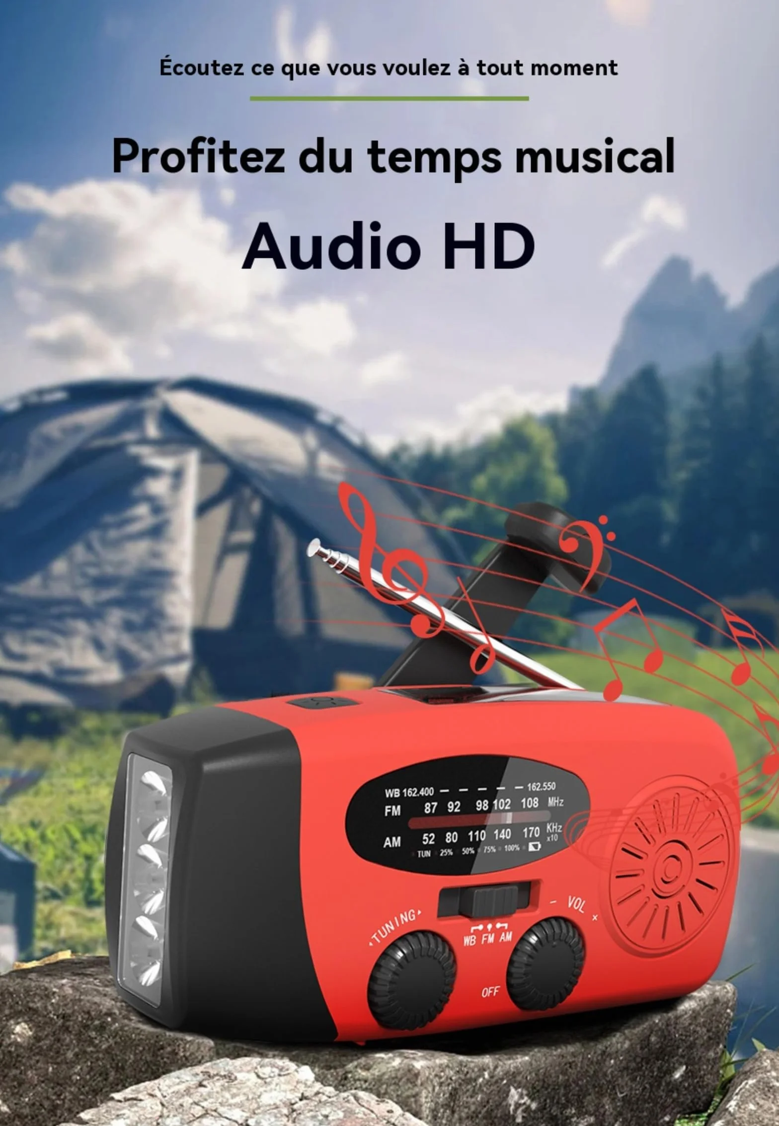 Radio awaryjne z baterią zewnętrzną 2000 mAh, ładowanie słoneczne/korbowe, AM/FM/WB, alarm SOS i lampka do czytania - wodoszczelność IPX4 do przetrwania na zewnątrz