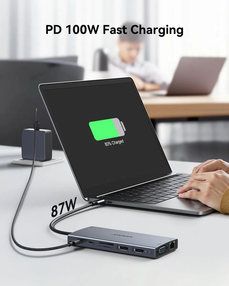 Adapter koncentratora USB C, 10 w 1 USB C na USB HDMI, koncentrator Ethernet, USB C, 4K przy 60 Hz, HDMI+Ethernet, 4 USB, port danych USB-C, czytnik kart SD/TF + 100 W PD (czarny)