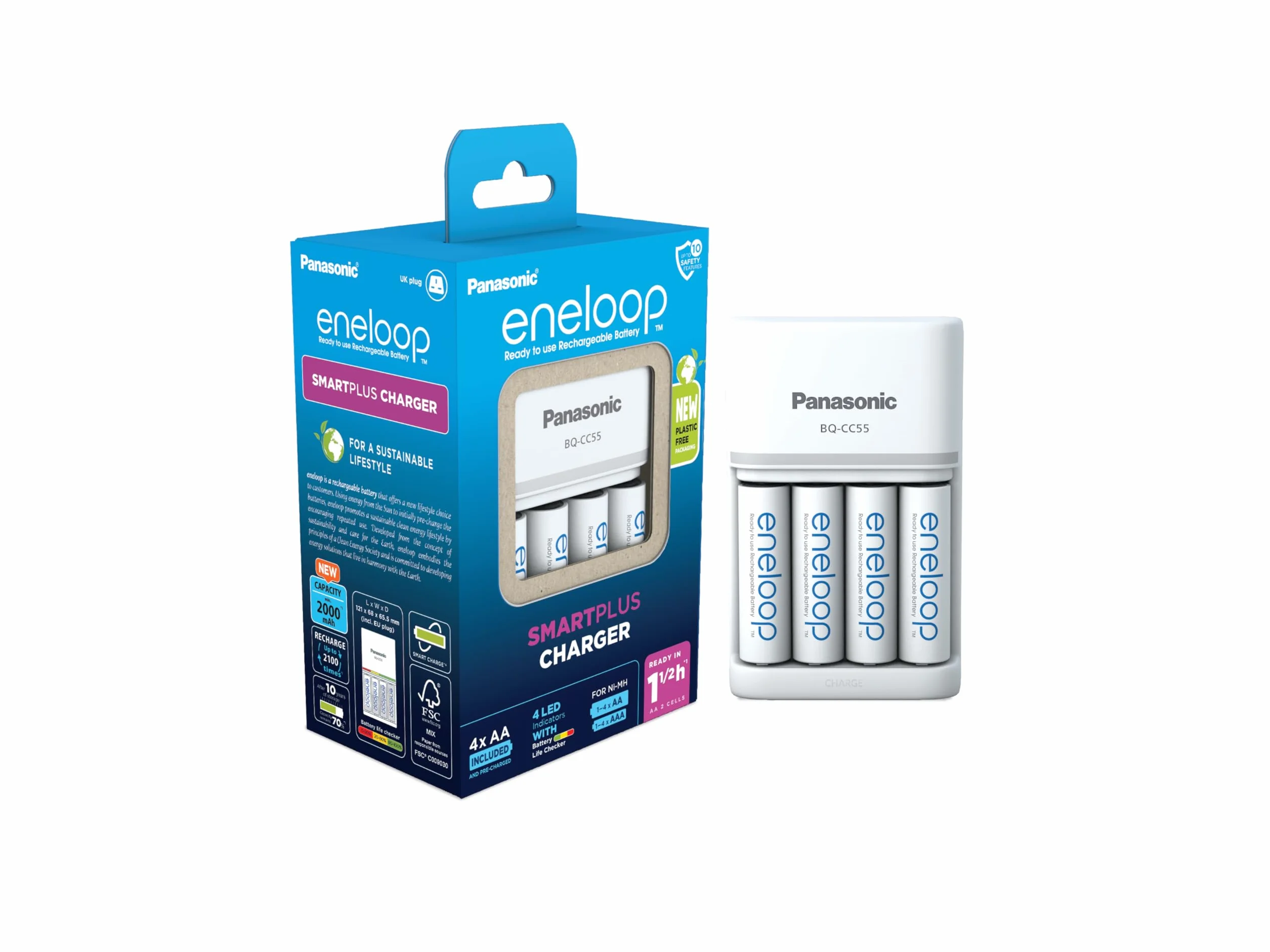 Panasonic eneloop SmartPlus ładowarka do 1-4 baterii AA/AAA Ni-MH, 4 wskaźniki LED i 10 funkcjami bezpieczeństwa, w tym 4 akumulatory eneloop AA/Mignon, zwiększona pojemność min. 2000