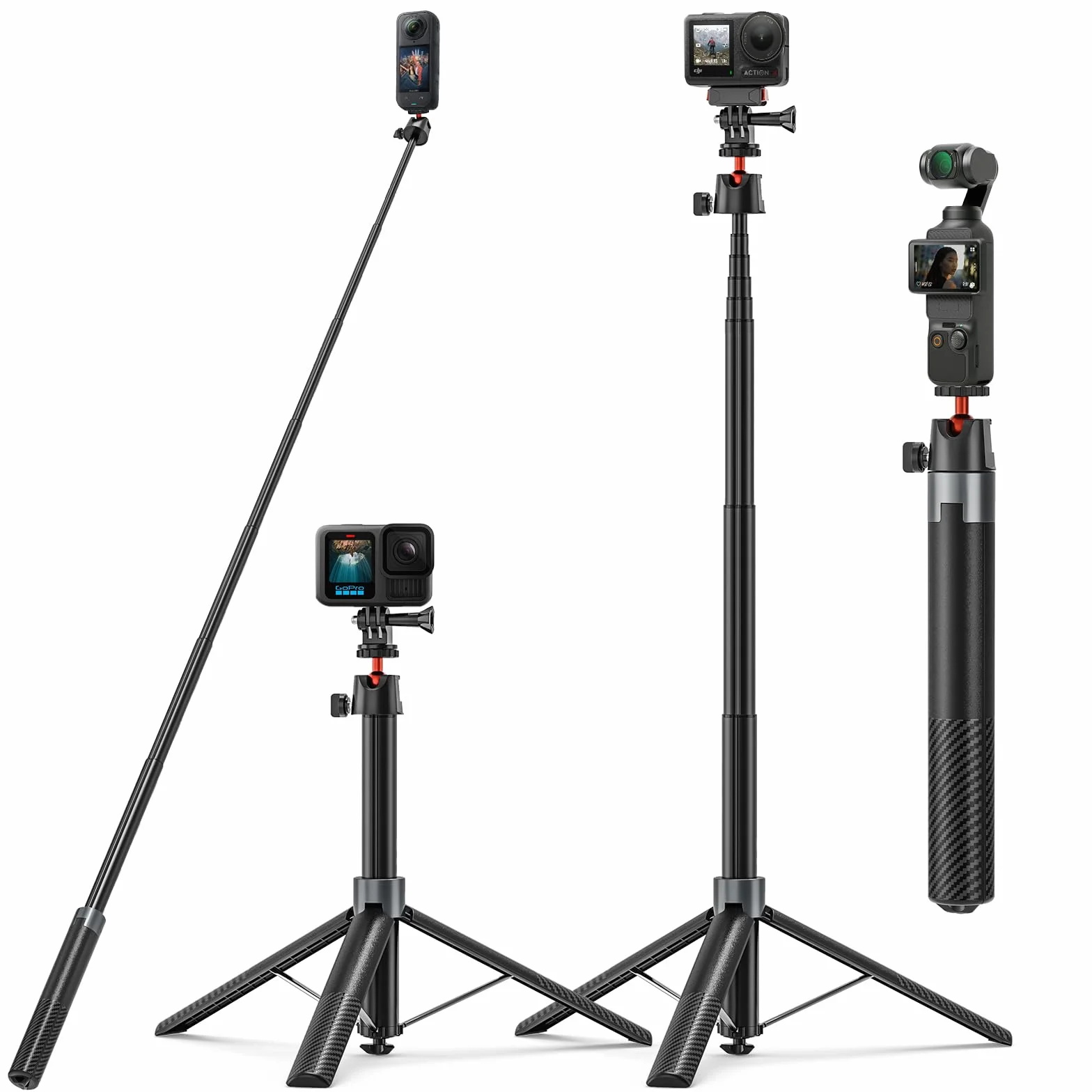 Wiseten Statyw do selfie 170 cm do DJI Osmo Pocket 3 DJI Action 5 Pro/4 Insta 360 X5 X4 GoPro Hero 14/13/12/11/10/9 Black, Action Cam statyw podróżny 2 w 1 / uchwyt / uchwyt / uchwyt / akcesoria