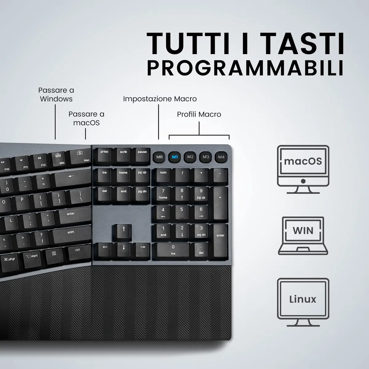 Perixx PERIBOARD-535BR ergonomiczna przewodowa klawiatura mechaniczna - brązowe klawisze dotykowe - programowalne klawisze makro - Windows i Mac OS X - układ QWERTY włoski