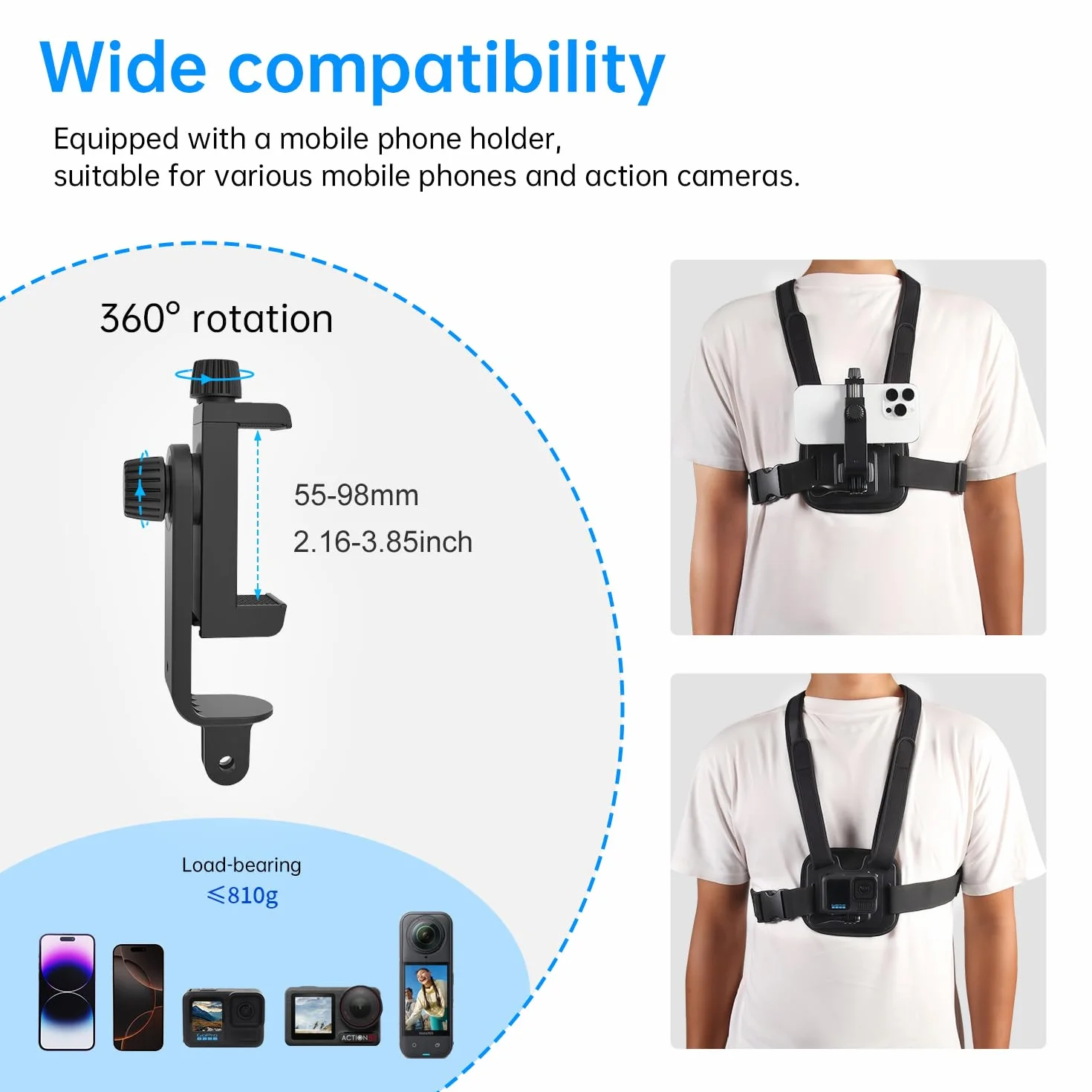 Suptig Uchwyt na pasek na klatkę piersiową do telefonu kompatybilny z iPhone, Samsung, Gopro, DJI Action