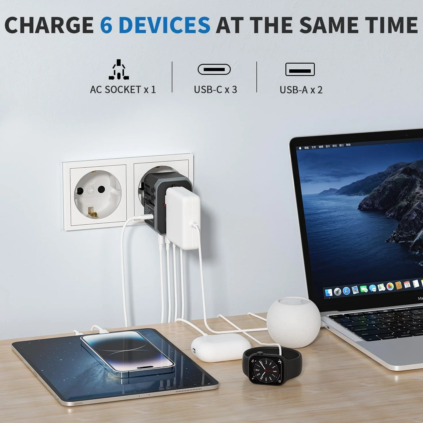 EPICKA Uniwersalny Adapter Podróżny, Adapter Podróżny na Całym świecie, Uniwersalny Adapter z 3 USB-C, 2 USB-A, Międzynarodowy Adapter do Gniazdk do Niemiec, USA, Tajlandii, Australii, Czarny