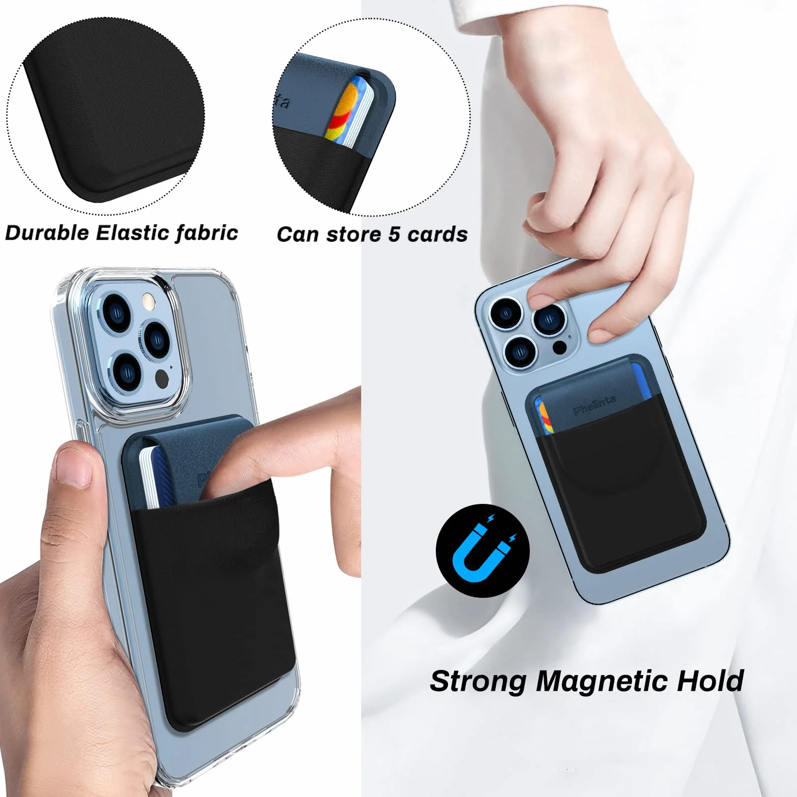 Phelinta Magnetic Wallet Kompatybilny z MagSafe Wallet dla iPhone 17/Air/16/15/14/13/12 Serii, Magnetyczny Portfel na Karty Kredytowe z Klapką, Przechowuj 5 Karty