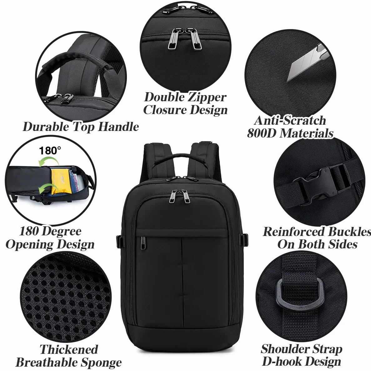 SPAHER Torba kabinowa dla linii Ryanair, 40 x 20 x 25 cm, bagaż podręczny, plecak na laptopa 15,6 cala, zatwierdzony, podróżny, torba na laptopa, torba na ramię, torba lotnicza, USB, 20 l, Czarny
