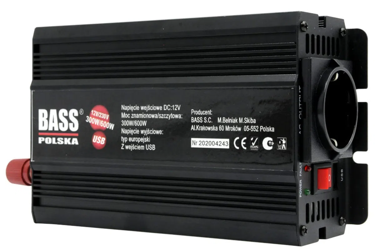 BASS POLSKA Przetwornica Napięcia do Elektronarzędzi Pieców CO Maszyn do Szycia Wentylatorów Komputerów Zamrażarek 12V 230 V 50 Hz z Pełnym Sinusem Moc Szczytowa 600W