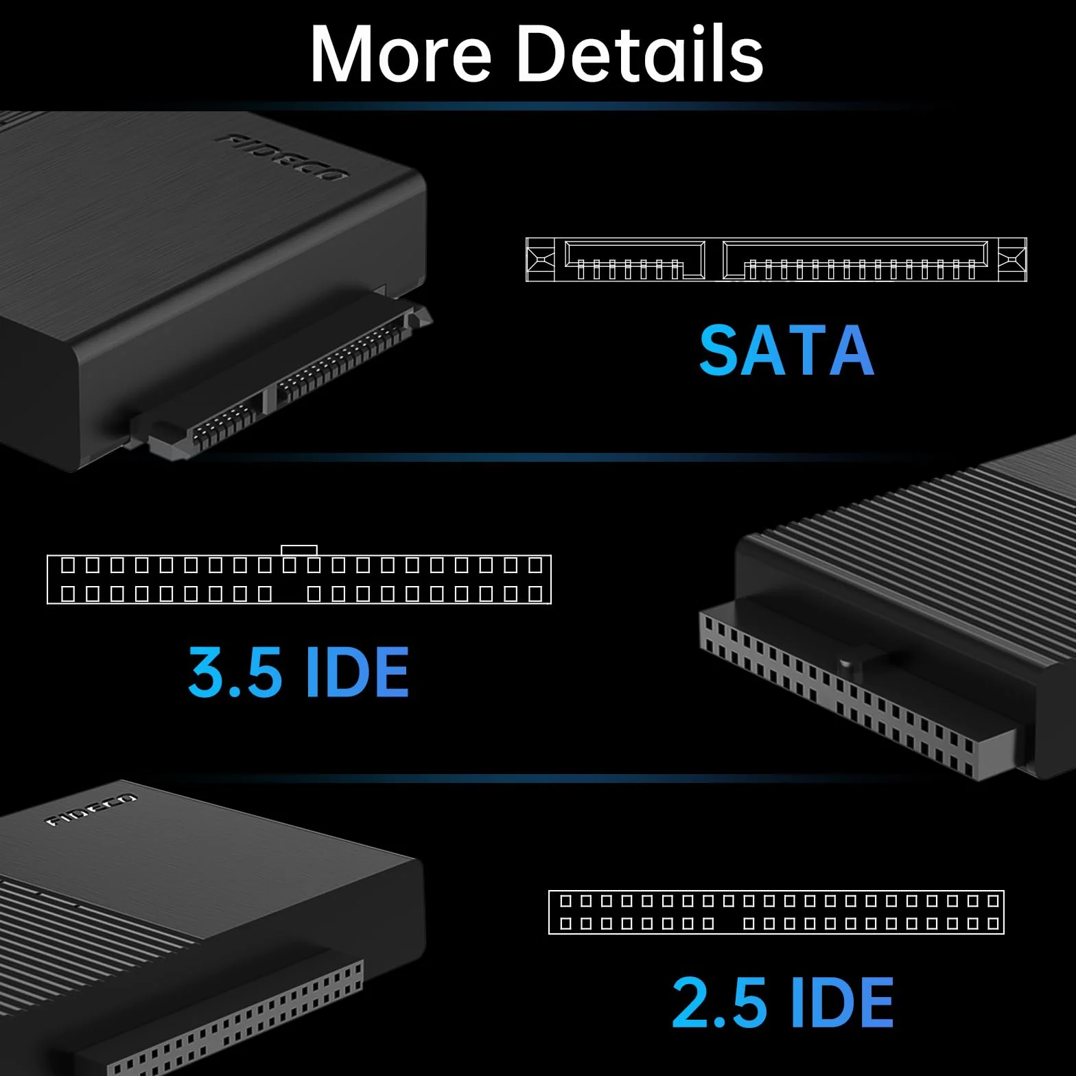 FIDECO USB 3.0 Dysk twardy Adapter dla 2,5 cala HDD/SSD, konwerter SATA i IDE z zasilaniem DC 12V 2A