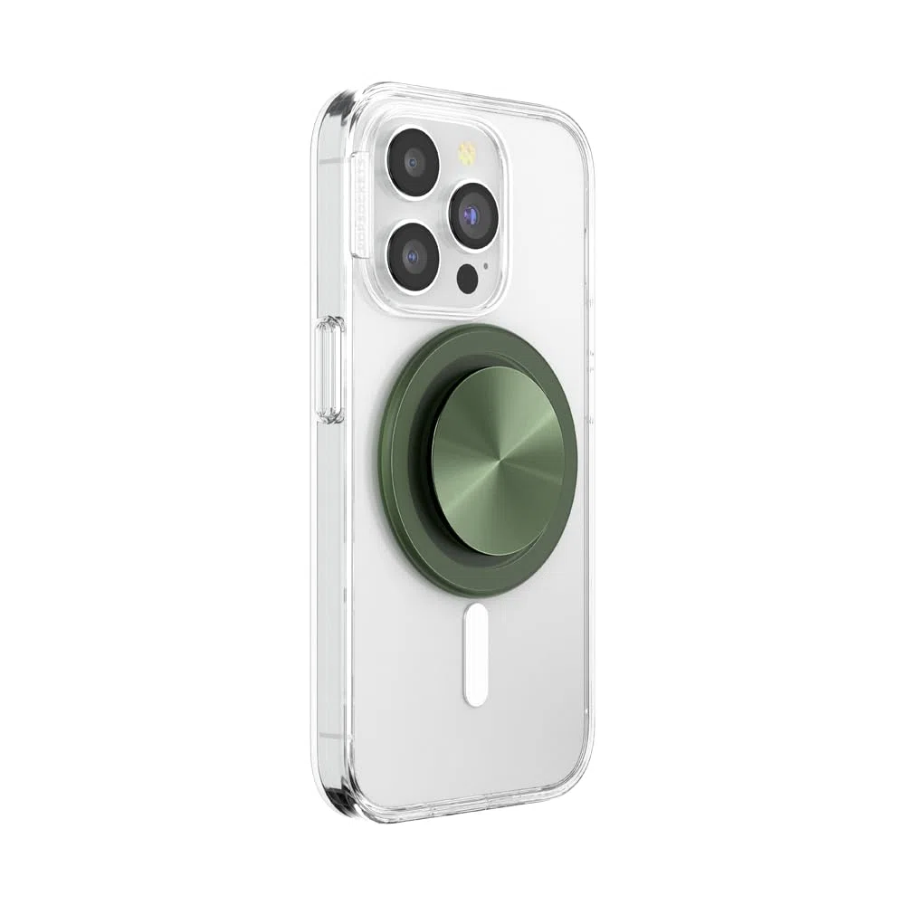 PopSockets: PopGrip Round do MagSafe – pierścień adaptera do MagSafe w zestawie – rozszerzany stojak na telefon i uchwyt z wymienną górną częścią do smartfonów i etui – Alum Radial Olive