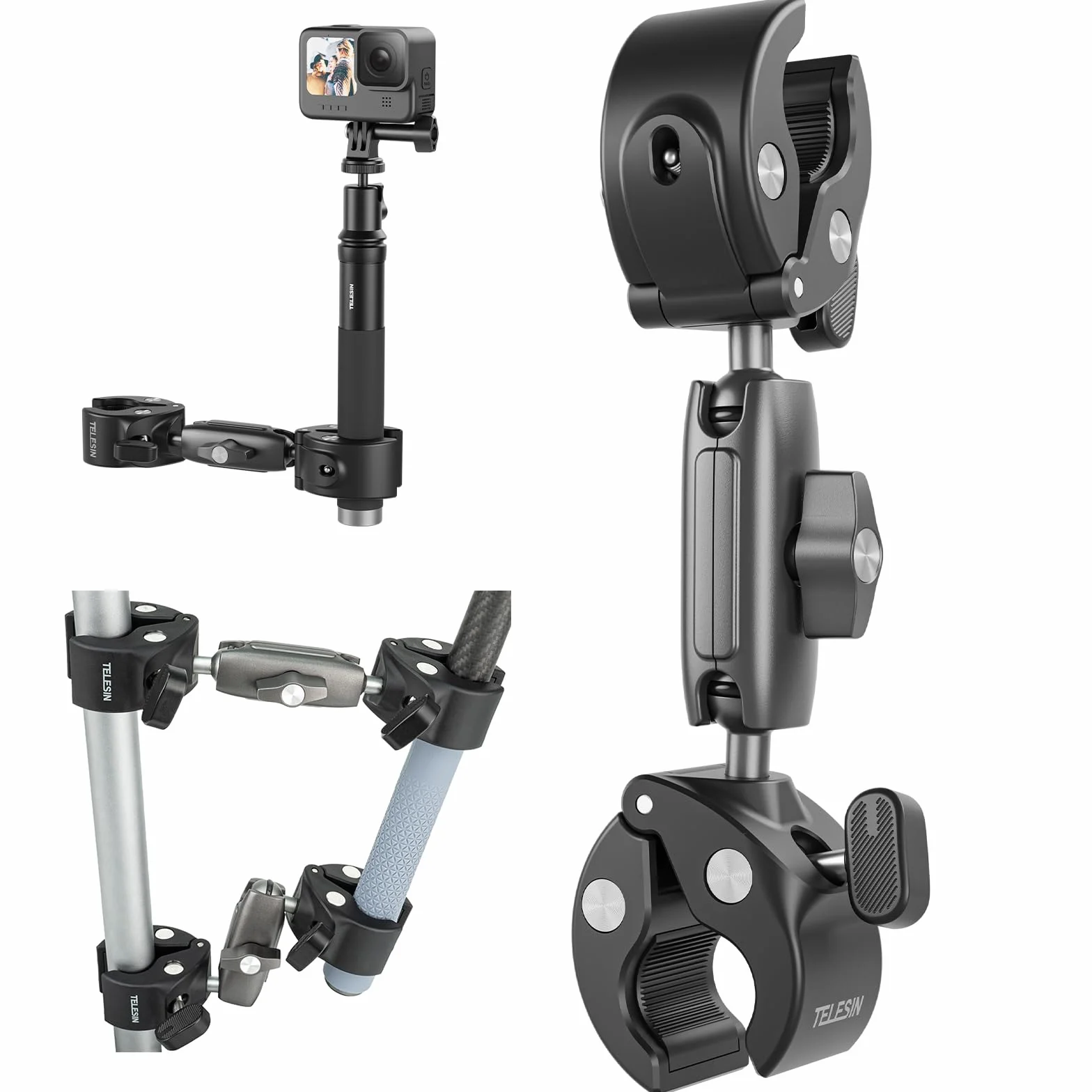 Duall uchwyt zaciskowy do mocowania drążka drążka na rower motocykl kierownicę uchwyt rurowy akcesoria kompatybilne z GoPro 13 12 11 10 9 8 Insta360 X3 X4 X5 Ace Pro DJI Action 4 Osmo Pocket 3
