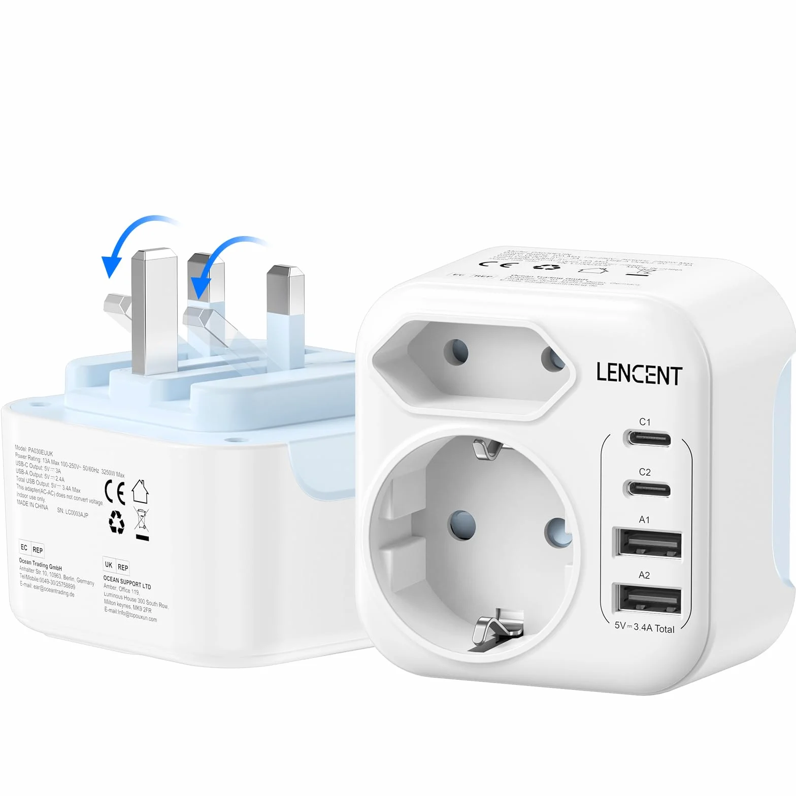 LENCENT Adapter Podróżny UK Niemcy, Adapter Typu G, Składana | Wtyczka Podróżna z 2 Portami USB-C&2 USB-A, EU Schuko na UK dla Anglii, Wielkiej Brytanii, Szkocji, Irlandii, Malediwów