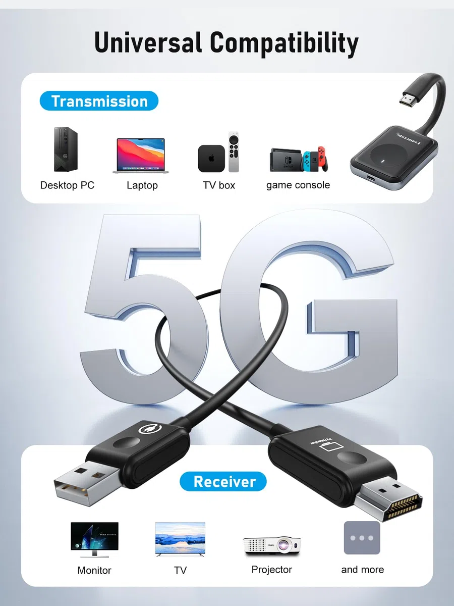 Lemorele Bezprzewodowy transmiter i odbiornik HDMI 8 TXS do 1 RX do strumieniowego przesyłania plików audio z laptopa, komputera do HDTV, projektora, 5G/2.4G 50M HDMI transmisja radiowa