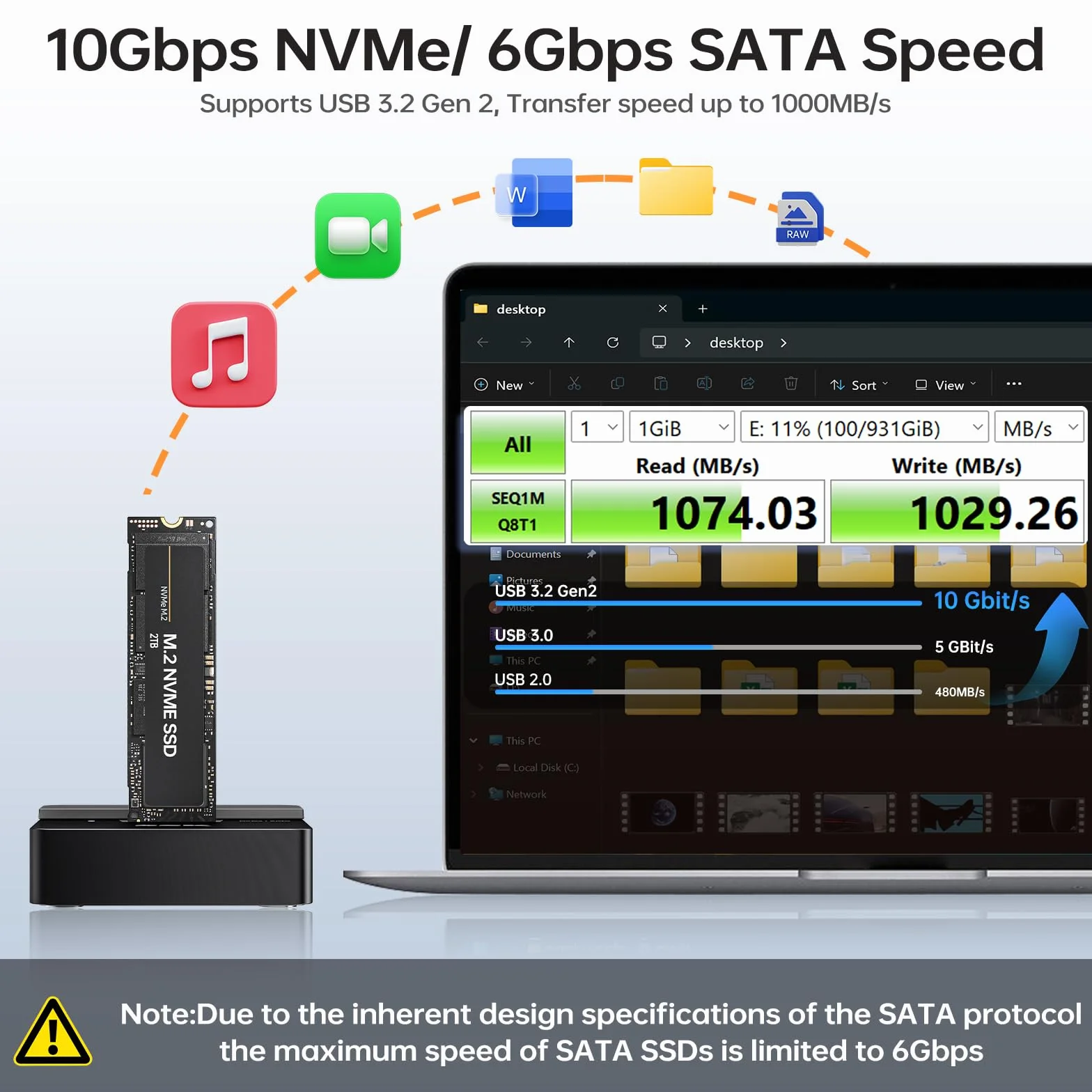 SSK Adapter M.2 NVMe i SATA SSD na USB, stacja dokująca M.2 10 Gb/s, obudowa SSD USB 3.2 Gen 2, czytnik M.2 do dysku SSD M/B+M w rozmiarze 22110/2230/2242/2260/2280