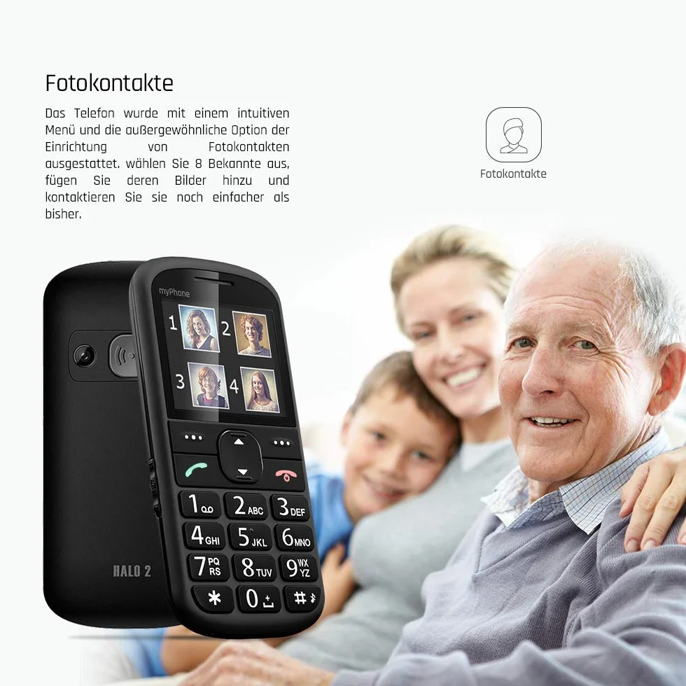 myPhone Halo 2 klasyczny telefon dla seniora babci dziadka z bazą ładującą, przycisk SOS, duże klawisze, duży wyświetlacz 2,2 cala, fotokontakty, aparat, przycisk SOS - czarny