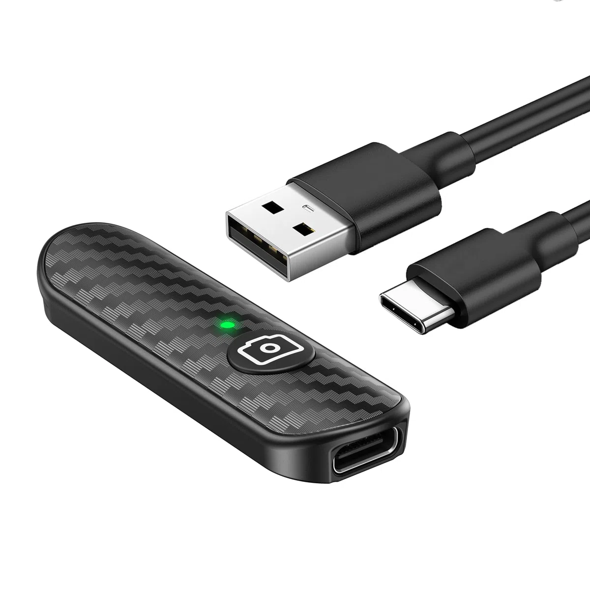 ATUMTEK Zdalna migawka Bluetooth, konstrukcja z włókna węglowego, ładowalny pilot zdalnego sterowania kamerą do smartfonów z systemem iOS i Android, kompaktowy i przenośny, z ładowaniem typu C, zasięg