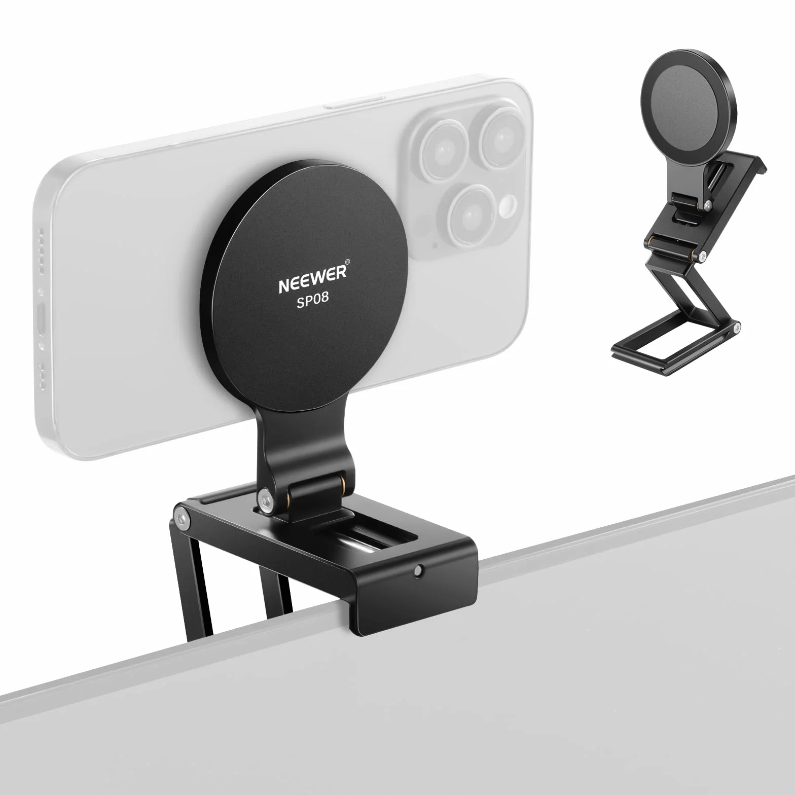 Neewer Uchwyt na kamerę ciągłą do monitora stacjonarnego, magnetyczny potrójnie składany uchwyt na kamerę biurkową z podstawą typu Arca, kompatybilny z MagSafe iMac Desktop Mac, laptopem Samsung, SP08