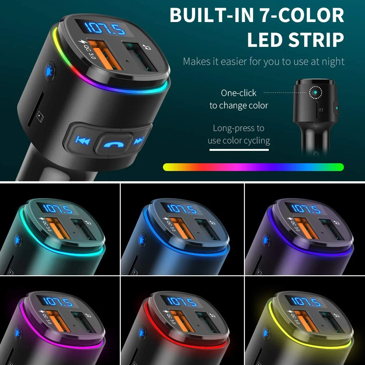 ORIA nadajnik FM Bluetooth samochodowy z QC 3.0 USB, obsługa USB/TF, czarny