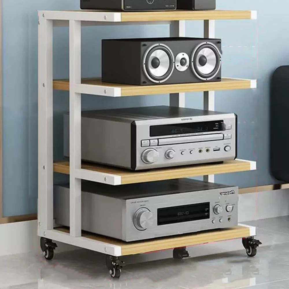 4-poziomowy stojak audio Hifi stojak z kołem hamulcowym, biały i orzech, narożny stojak na komponenty AV, otwarta półka wieżowa stereo audio wideo