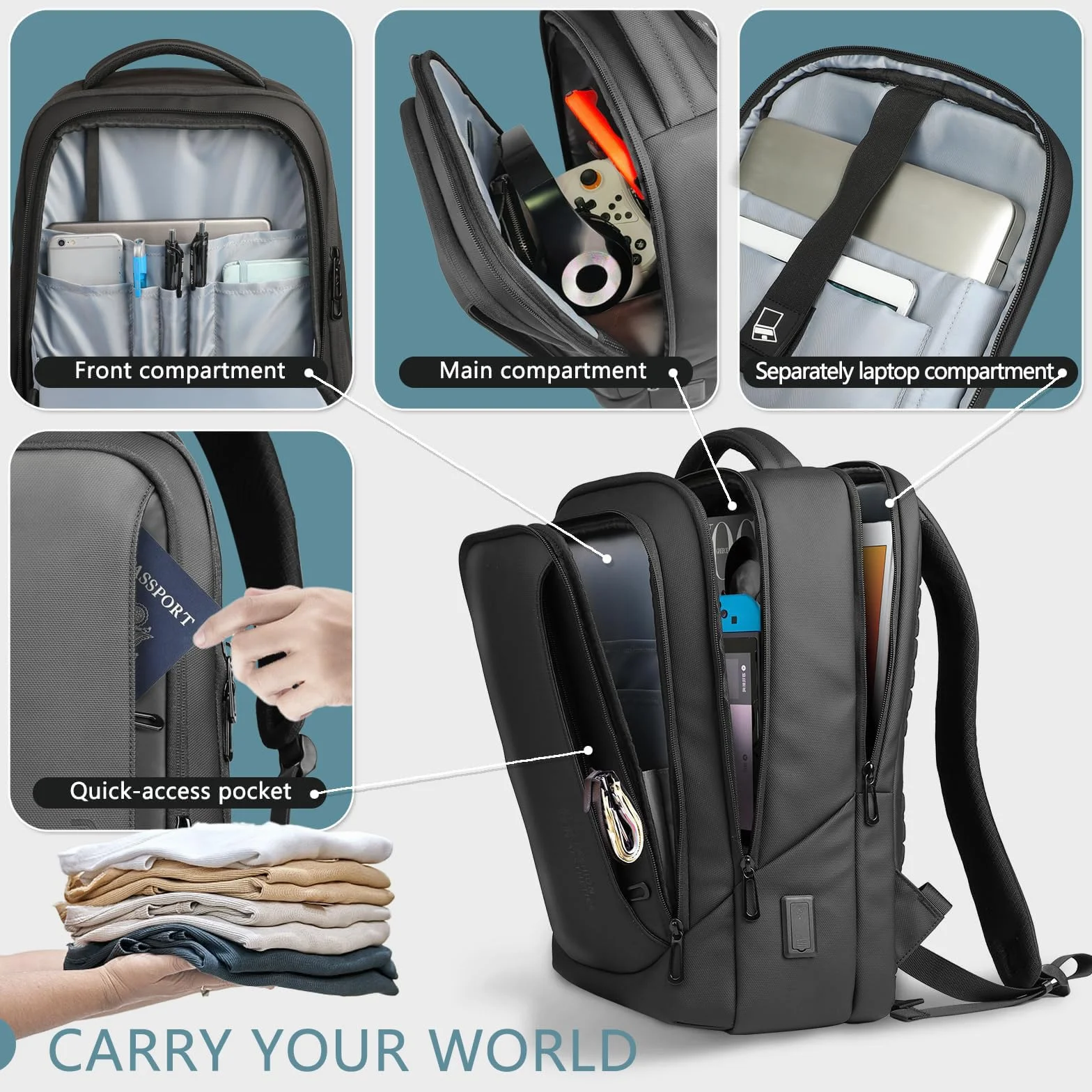 Plecak biznesowy na laptopa, męski, z kieszenią na laptopa z przyłączem USB do ładowania, zabezpieczenie przed kradzieżą, bagaż podręczny, plecak dzienny, odporna na wodę, wielofunkcyjny