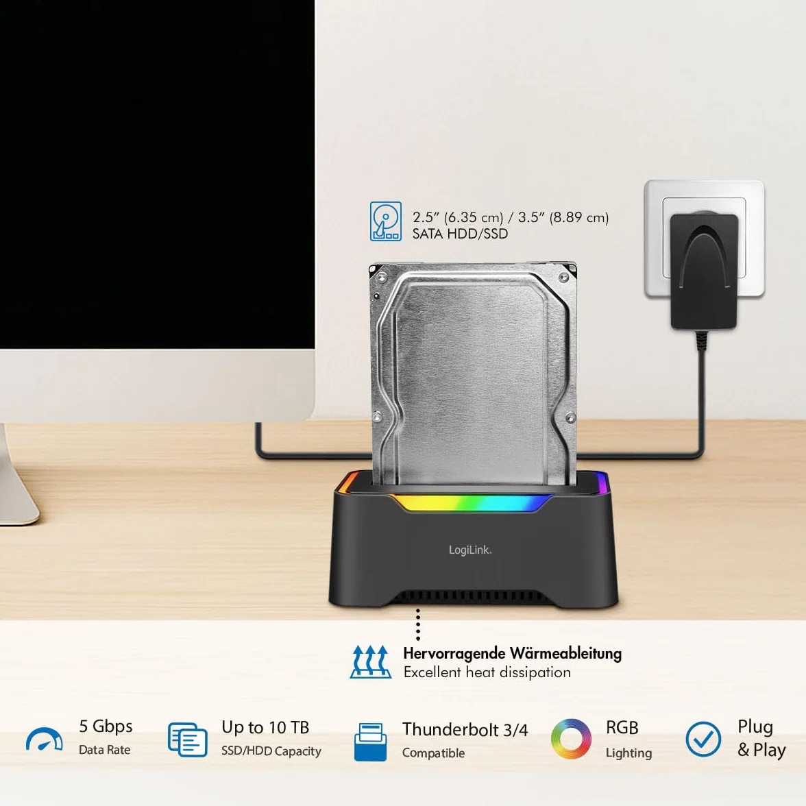 LogiLink USB-C 3.2 Gen1 stacja dokująca do 2,5" i 3,5" SATA HDD/SSD RGB Thunderbolt