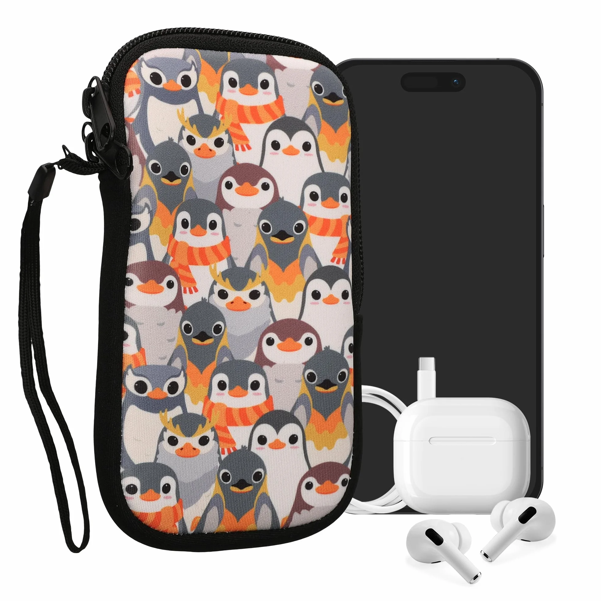 kwmobile Neoprenowy rękaw na smartfon rozmiar M - 14.0 cm - etui amortyzujące wstrząsy - ochronna torba na telefon - pingwiny szary/żółty/brązowy