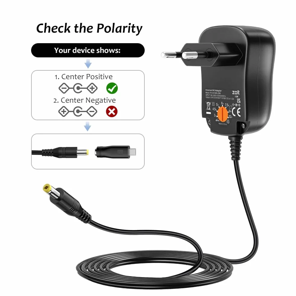 Zolt Zasilacz impulsowy 12 W AC na DC, 3 V, 4,5 V, 5 V, 6 V, 7,5 V, 9 V, 12 V, 1 A, uniwersalny zasilacz z 8 wtyczkami DC do głośnika, aparatu, lampy, tabletu i innych urządzeń elektronicznych