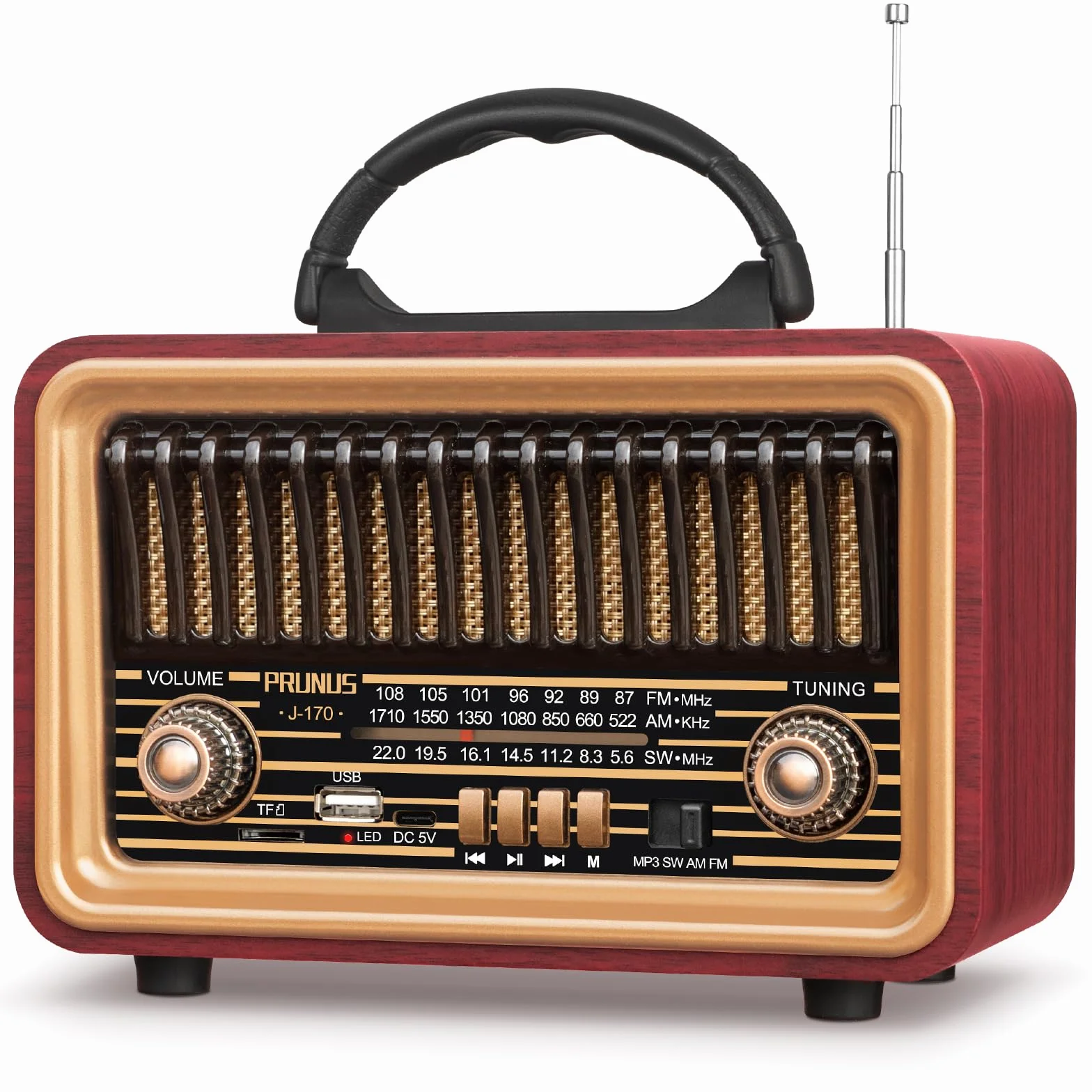 PRUNUS J-170 radio w stylu vintage AM FM SW, radio retro z akumulatorem 1200 mAh.