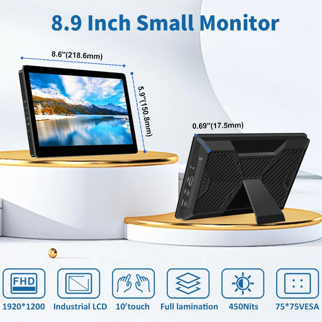 Monitor dotykowy 22.6 cm z podstawką, 1920 x 1200, 16:10, 450 Nits, wiązanie optyczne, port HDMI/USB-C, mały monitor do mini PC, laptopa, Mac mini