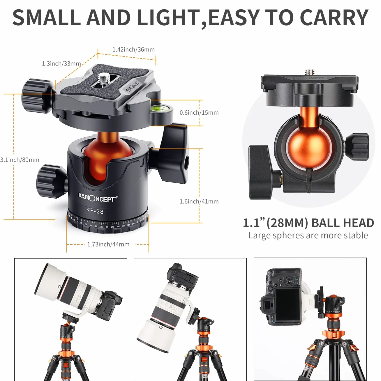 K&F Concept głowica kulowa aluminiowa 3/8" głowica kulowa 360° obrotowy adapter z szybkoobrotową płytą śrubową 1/4" do statywu i kamery Max 10kg