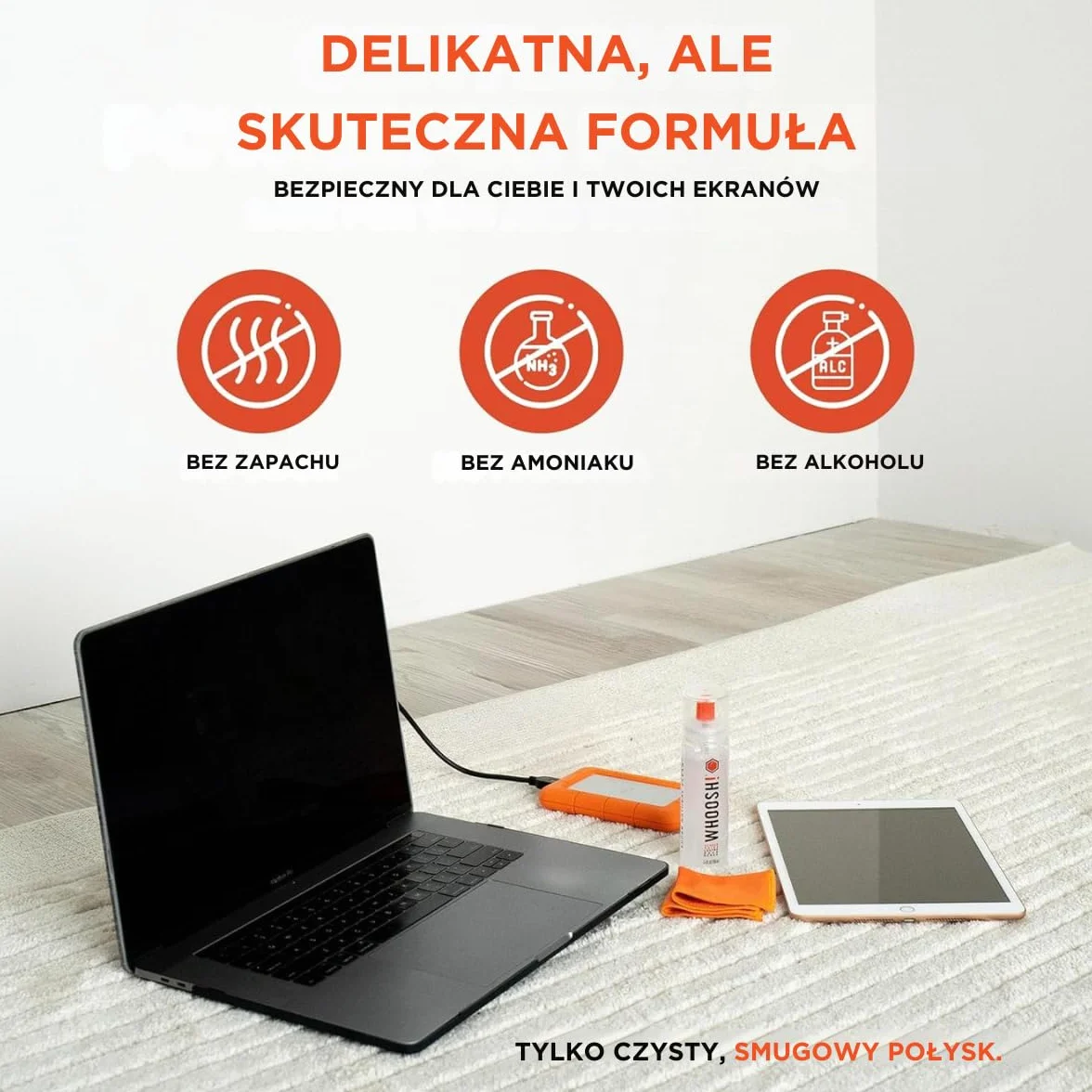 WHOOSH! Zestaw do czyszczenia ekranu 8 ml + 100 ml ściereczki z mikrofibry spray do laptopów MacBooków