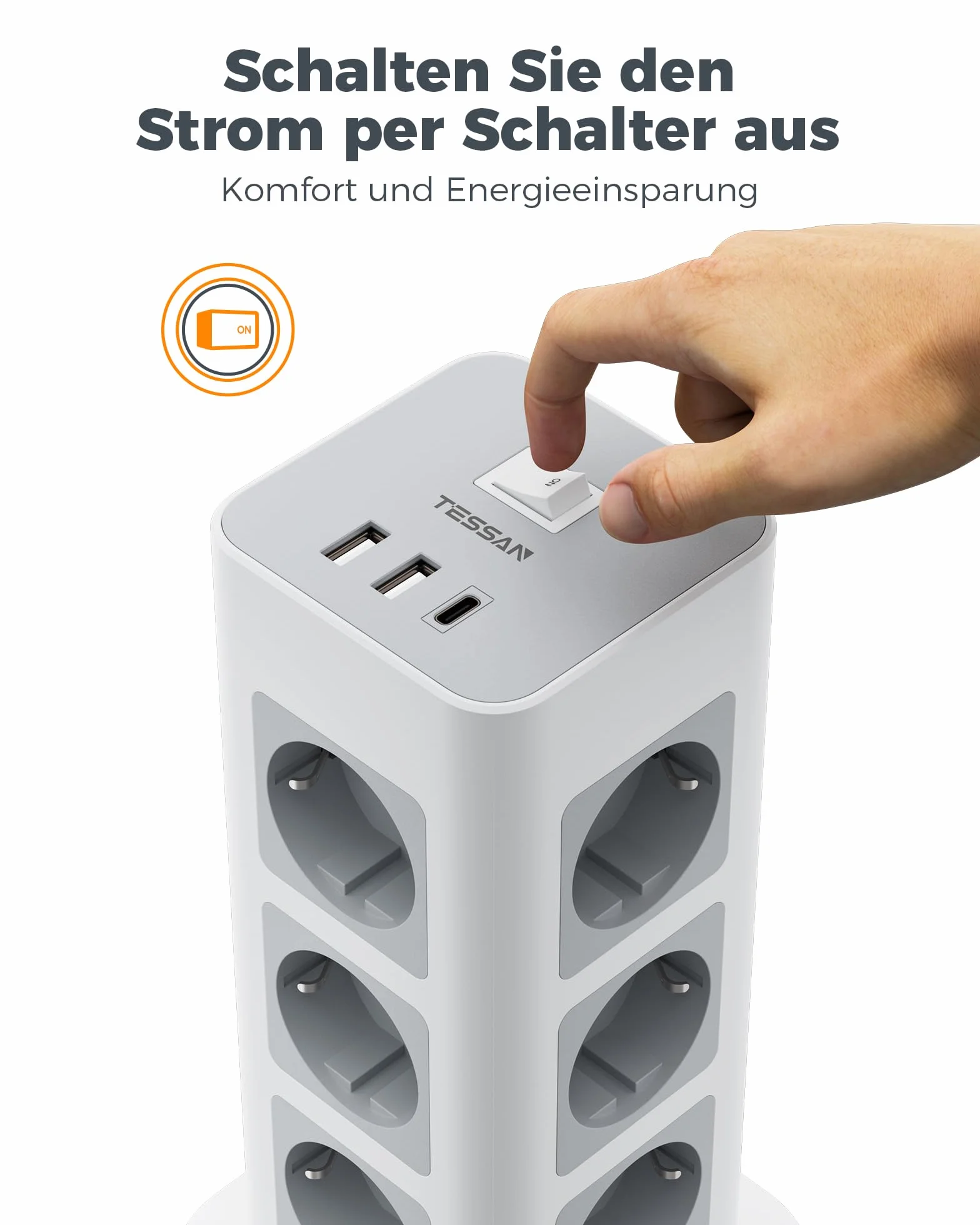TESSAN Listwa zasilająca 12 gniazd USB C 2 m 3600 W Ochrona przed przepięciem