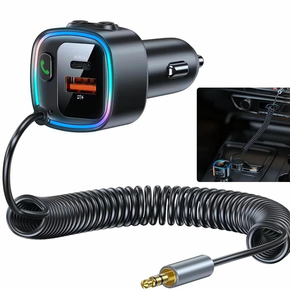Aux Bluetooth 5.4 adapter do samochodu, odbiornik Bluetooth z wtyczką jack 3,5 mm do rozmów telefonicznych i bezprzewodowej muzyki, ładowarka samochodowa USB C z szybkim ładowaniem PD 30 W i QC 12 W