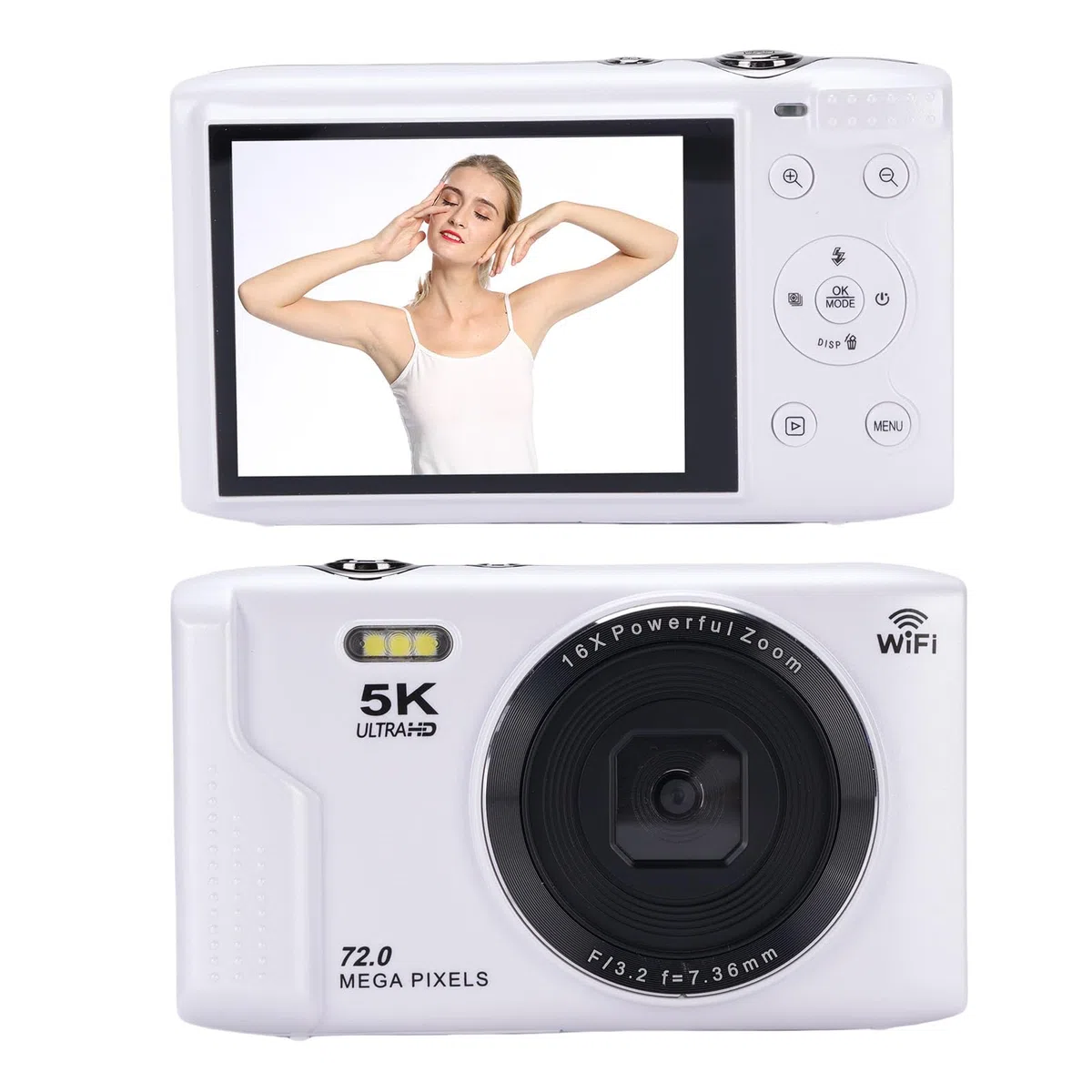 POENVFPO Aparat Cyfrowy 5K, 72 MP i 16-krotny Zoom Optyczny z WiFi 2,8-calowy Aparat LCD do Vlogowania z funkcją Automatycznego Ustawiania Ostrości do Fotografowania w Podróży (WHITE)
