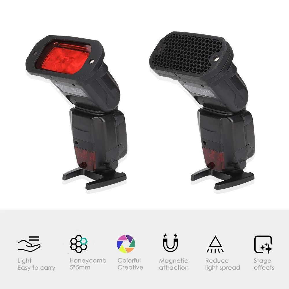 AODELAN Zestaw filtrów żelowych Flash, uniwersalna siatka o strukturze plastra miodu z 8 kolorowymi filtrami świetlnymi Speedlite do aparatu Canon Nikon Sony Godox Yongnuo lampa błyskowa