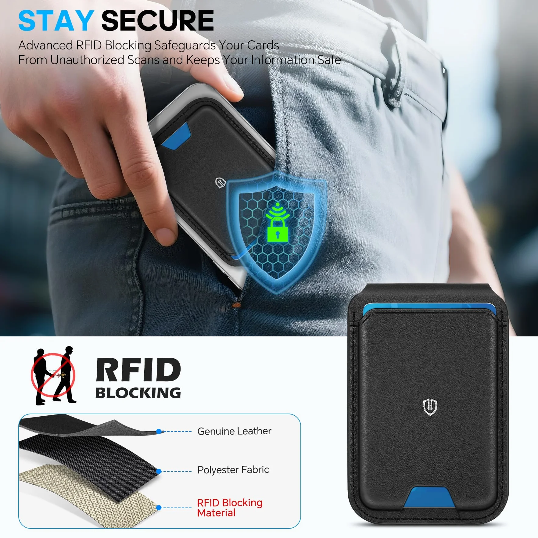 SHIELDON Prawdziwa Skóra Magnetyczny Uchwyt na Karty, Blokada RFID i Okienko na Dowód Osobisty, Mieści 6 kart, Magnetyczny Stojak na Portfel do iPhone 17/16/15/14/13/12 Series - Czarny