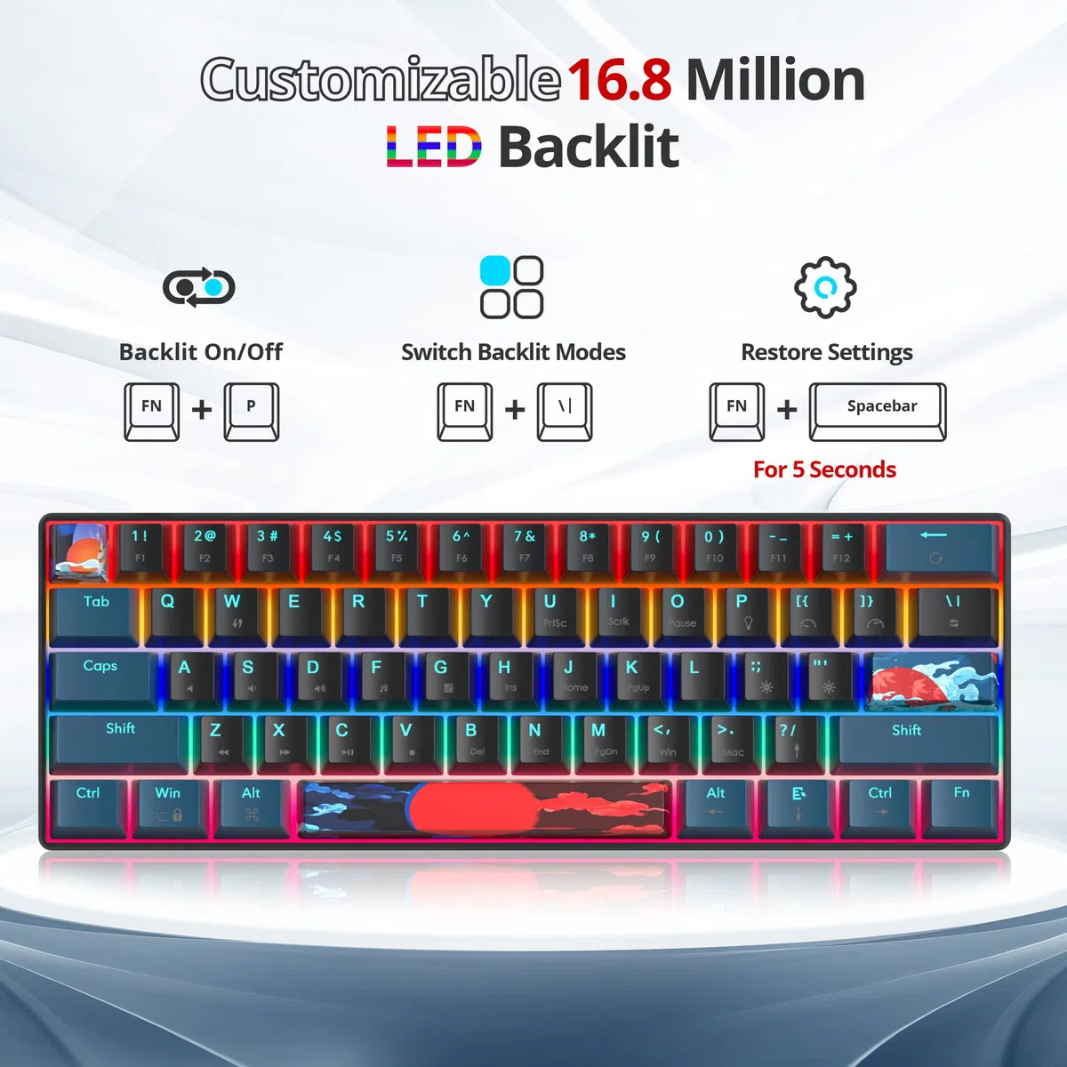 Protable 60% mieszana, lekka tęczowa klawiatura do gier, mechaniczna, mini kompaktowa, 61 klawiszy, przewodowa klawiatura biurowa z czerwonym przełącznikiem, do Mac/Win/PS4/PS5/Xbox (Monstor
