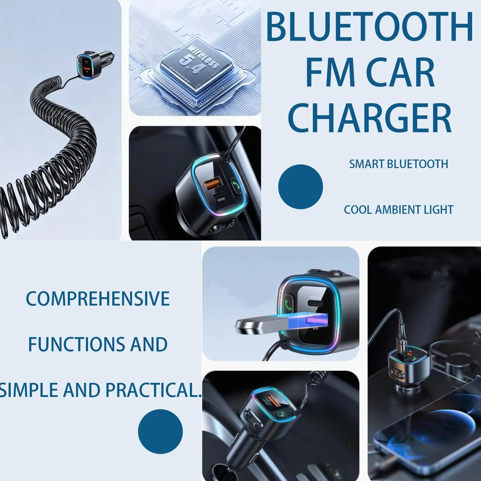 Aux Bluetooth 5.4 adapter do samochodu, odbiornik Bluetooth z wtyczką jack 3,5 mm do rozmów telefonicznych i bezprzewodowej muzyki, ładowarka samochodowa USB C z szybkim ładowaniem PD 30 W i QC 12 W