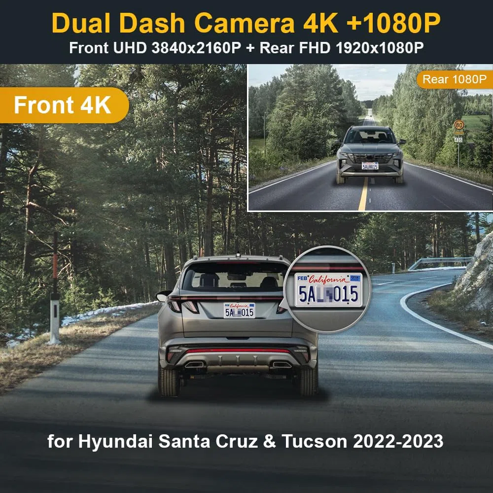 Fitcamx Dashcam kamera samochodowa odpowiednia do nowoczesnych Santa Cruz i Tucson 2022-2026, OEM 4K kamera samochodowa, 2160P+1080P UHD wideo WiFi, nagrywanie pętli, G-Sensor, WDR, 128GB