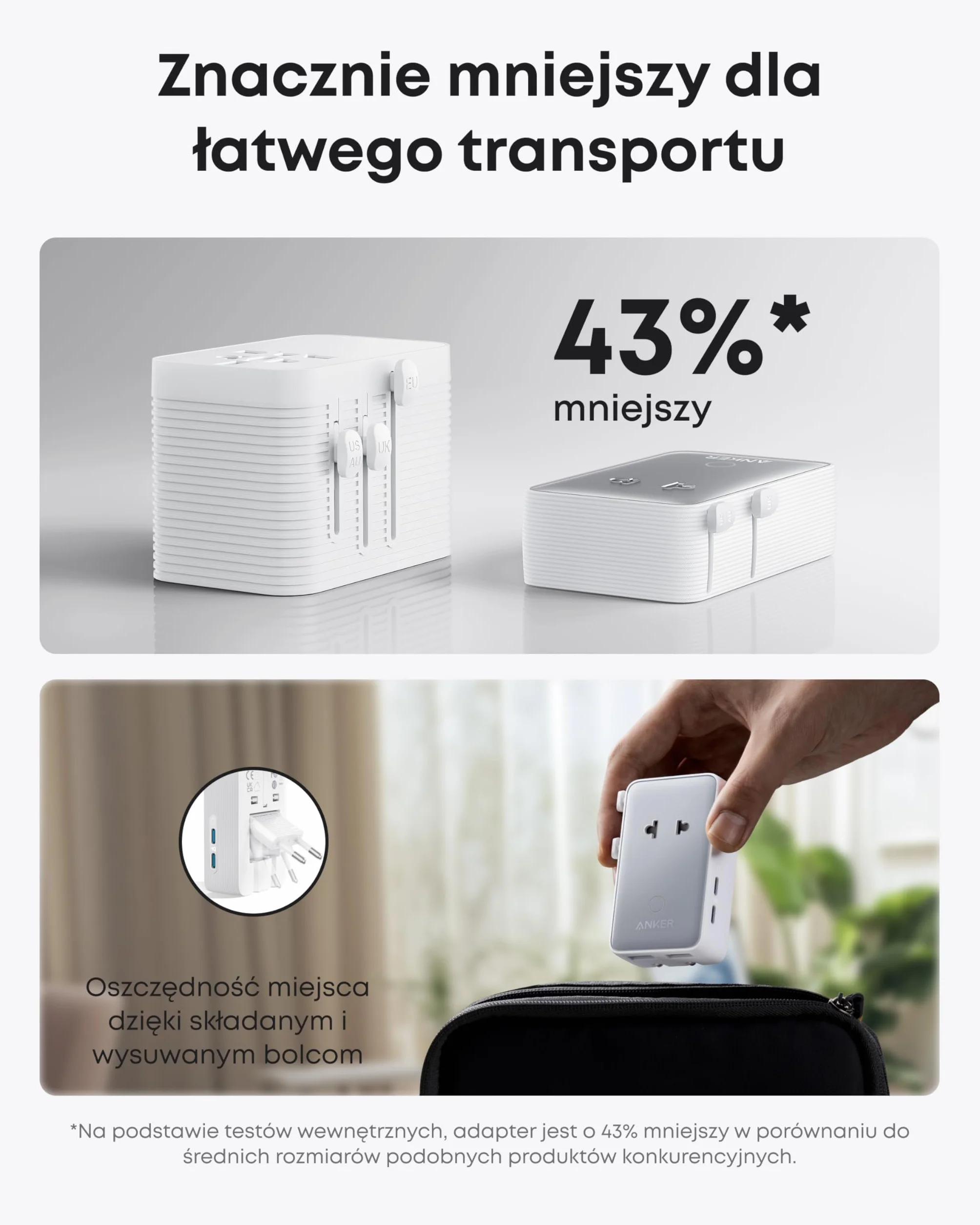 Anker Nano Travel Adapter Worldwide, uniwersalny adapter podróżny z 4 portami USB, 2 portami USB C, 2 portami USB A i 1 gniazdem AC, adapter gniazdkowy, może być używany w ponad 200 krajach