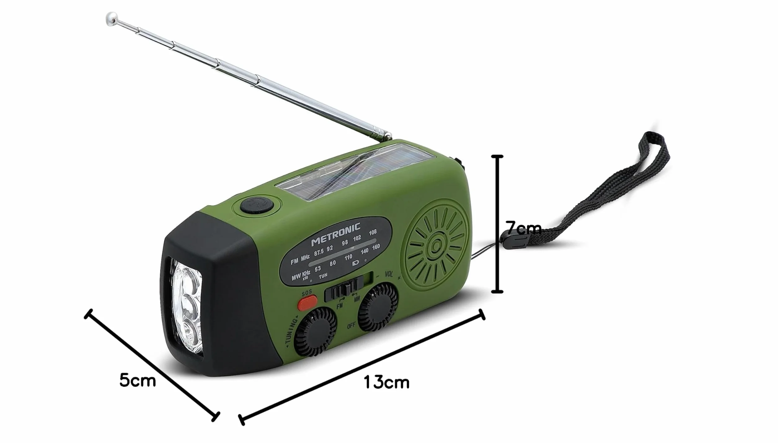Metronic Radio FM Przenośne Solarne Ładowanie 2000mAh Dynamo - Stanowisko z przyciskiem SOS Awaryjne - Funkcja Latarki LED - Zielony i czarny - 477216