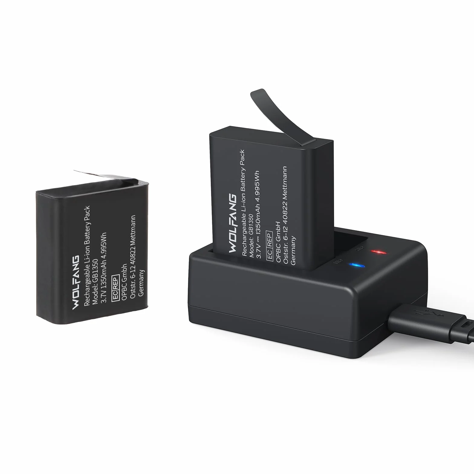 WOLFANG Podwójna Ładowarka z 2 Bateriami 1350mAh, Stacja Ładowania USB-C do Kamer Sportowych GA100, GA120, GA200, GA300, SF230, EK7000