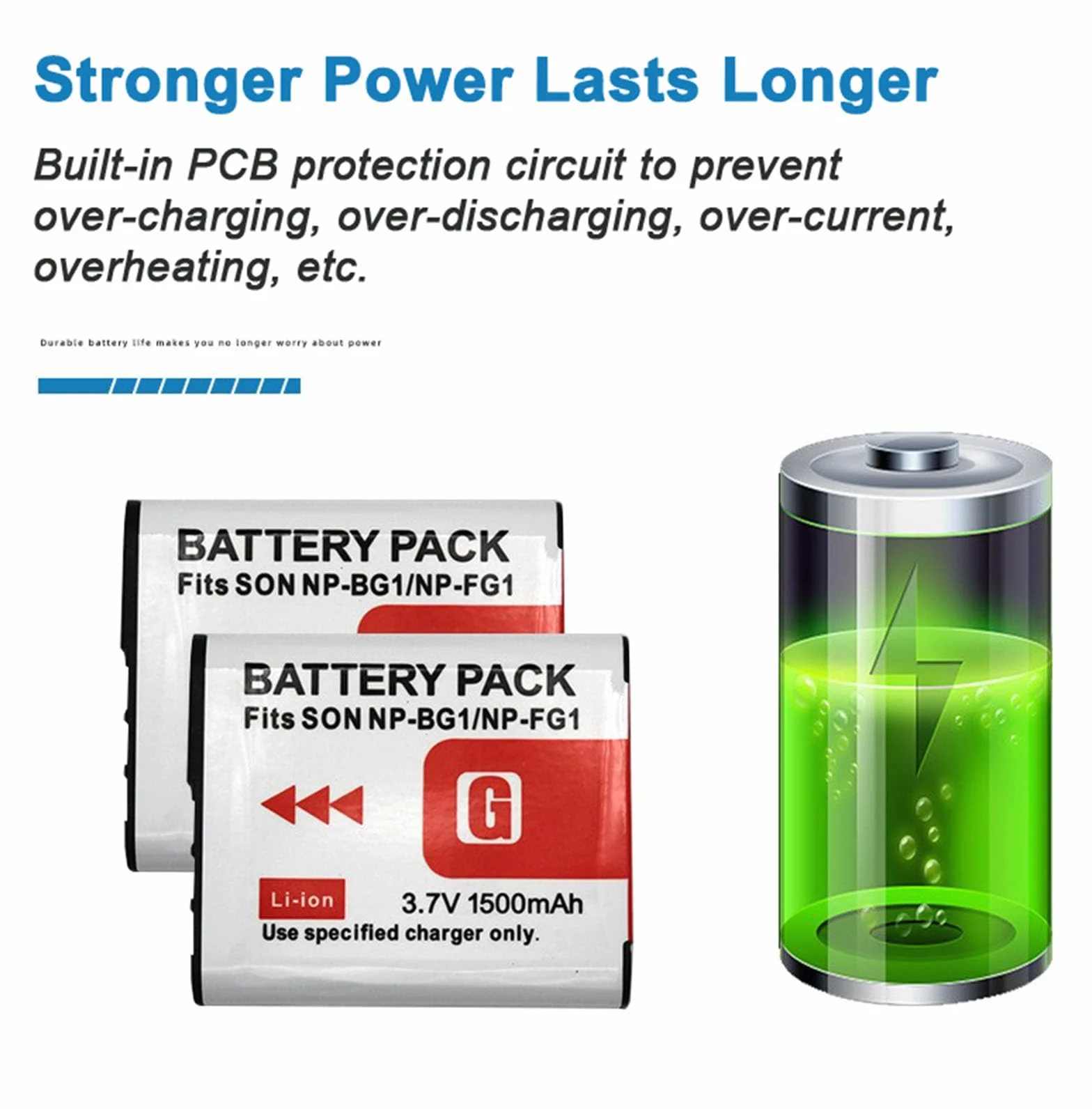 Ładowarka do akumulatora NP-BG1 (1500mAh) (w zestawie dwa akumulatory) Kompatybilna z kamerami SONY T100 H50 W300 W55 W70 W80 DSC-N1 T2 H9 H10 H20 HX5C WX1 T20 H70 HX30V HX7V W130 W150 W170 W200 W210