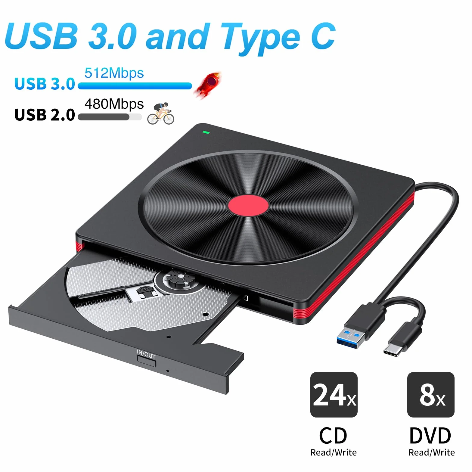 Zewnętrzny napęd DVD, USB 3.0 CD/DVD, zewnętrzny napęd CD USB C, zewnętrzny napęd CD do laptopów, PC, zewnętrzny nagrywarka CD DVD i odtwarzacz do Windows 11/10/8.1/7/XP/Vista, Linux, komputer