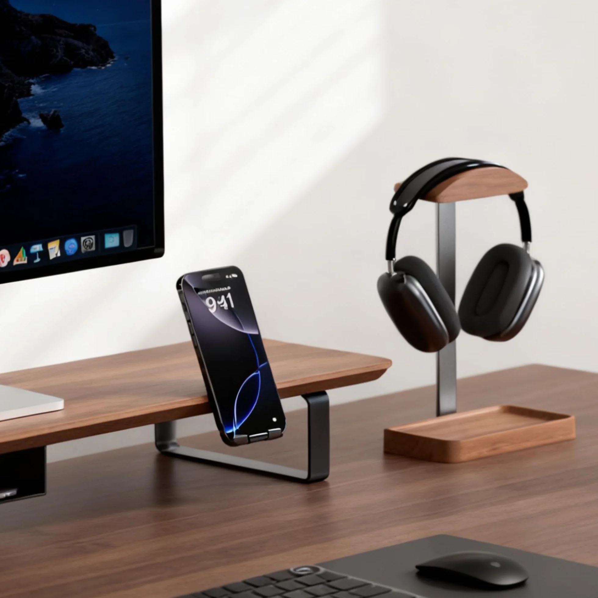 muso wood Orzech stojak na słuchawki, drewniany stojak na słuchawki z podstawą do przechowywania, uchwyt na słuchawki do gier, biura i biurka domowego - kompatybilny z AirPods Max, Bose, Razer (czarny