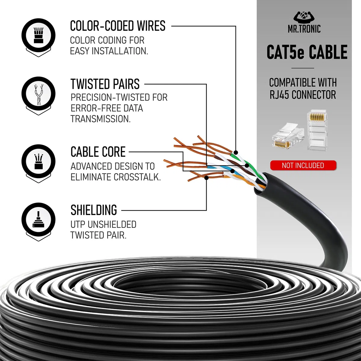 Mr. Tronic Ethernet kabel sieciowy | kabel do instalacji danych | kabel instalacyjny | kabel instalacyjny | CAT5E, AWG24, CCA, UTP, RJ45 | kabel LAN Gigabit do sieci internetowych (100 Metrów, Czarny)