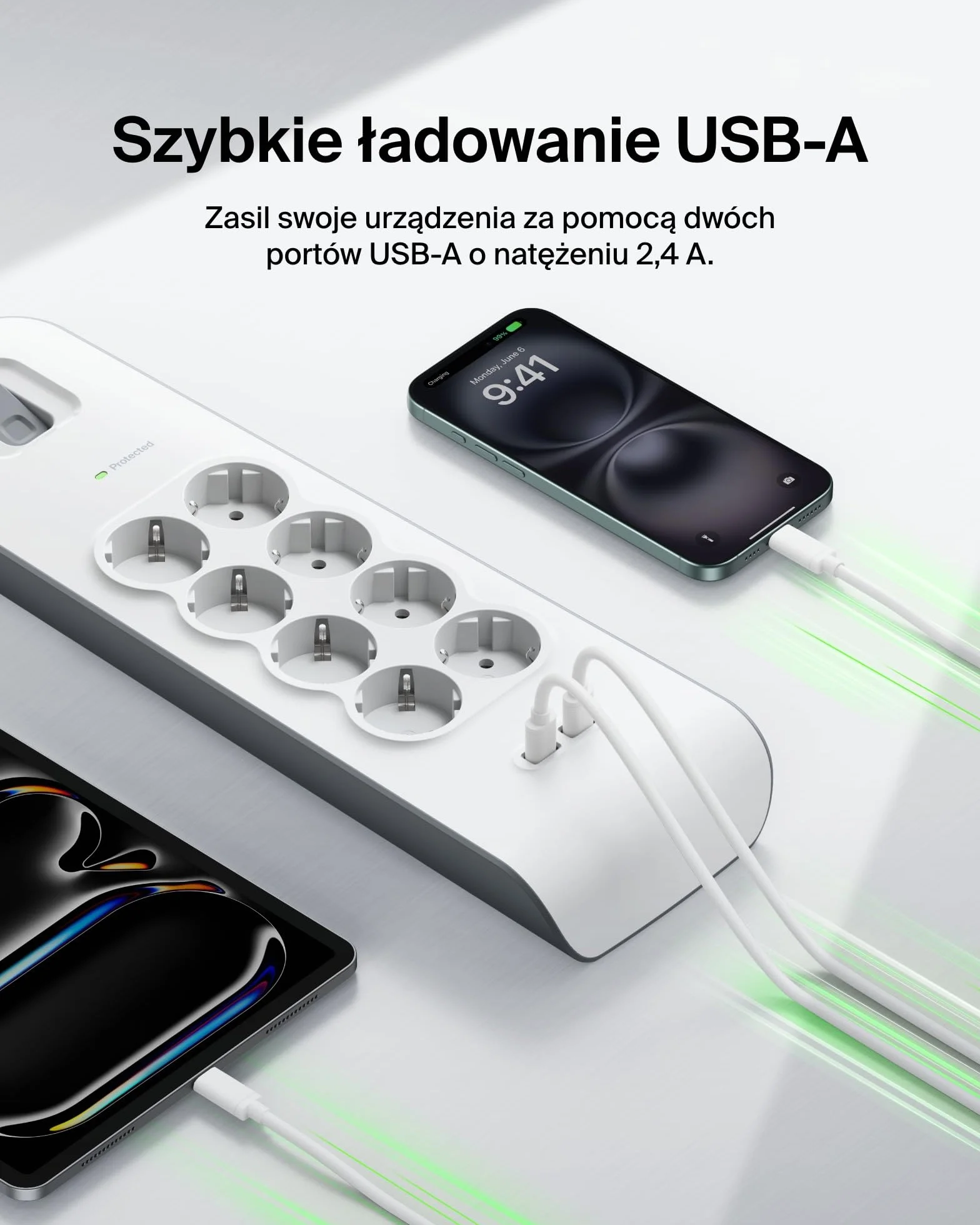 Belkin 8-gniazdowa listwa antyprzepięciowa z portami USB, 8 zabezpieczonych gniazd AC i 2 porty ładowania USB-A o natężeniu wyjściowym 2,4 A, 2-metrowy przedłużacz, listwa zasilająca do domu i biura