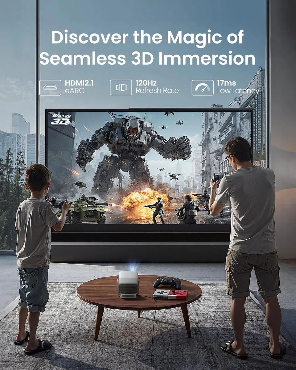 JMGO N1S 4K Mini Projektor, potrójny laser, 1700 lumenów ISO, szybki autofokus z gimbalem, Google TV, Netflix, 110% BT.2020, HDR10, 10W Dolby Audio, 3D Blu-ray, 200" na zewnątrz, do gier, na imprezy