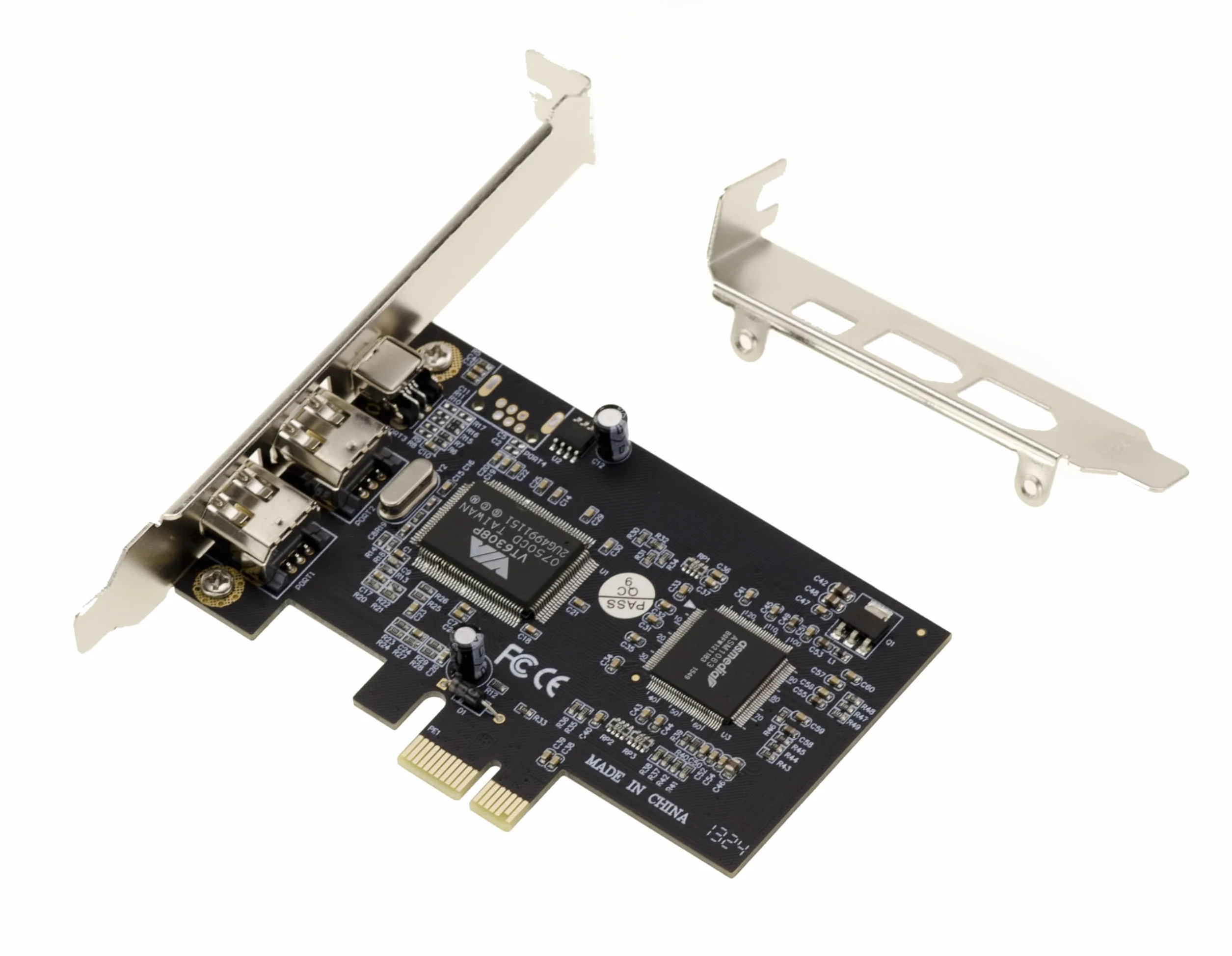 KALEA-INFORMATIQUE 3-portowa karta kontrolera IEEE1394a PCIe FireWire 400 z chipsetem VIA6308 i ASM1083. Wsporniki o wysokim i niskim profilu, z kablem Ilink.